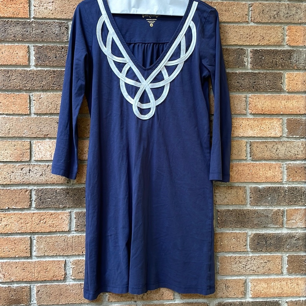 Lilly Pulitzer Navy 3/4 sleeve Dress with neck detail. Size S.